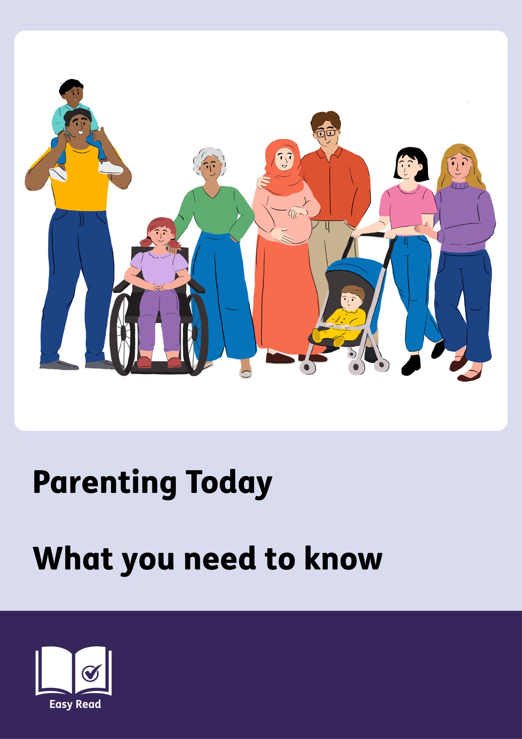 Cartoon image of a group of people of mixed ages and ethnicity. Text on page says 'Parenting Today What you need to know'